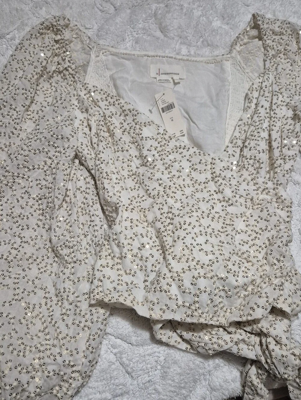 NWT Anthropologie Cream Wrap Blouse with Gold Sequin Detail..Size:M